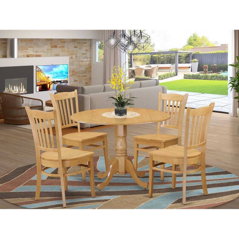 HomeStock 5-Pc Round Natural Oak Finish Solid Wood Top Dining table with 4 Chairs
