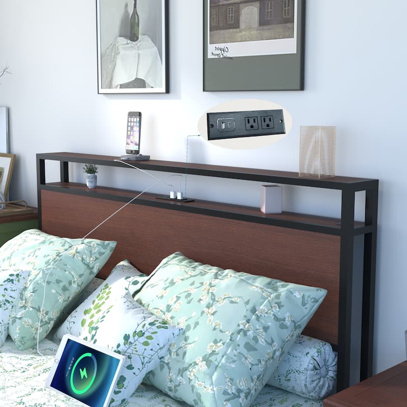 King Size Bed Frame with Charging Station,LED,Drawers