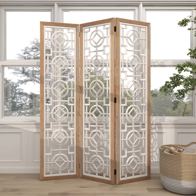 Wood Geometric Hinged Foldable Partition 3 Panel Room Divider Screen with Intricately Carved Designs - White - Roche River Decor