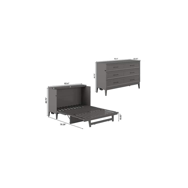 Solid Wood Murphy Bed Chest with Mattress & Charger - Twin, Full Sizes - Grey Finish