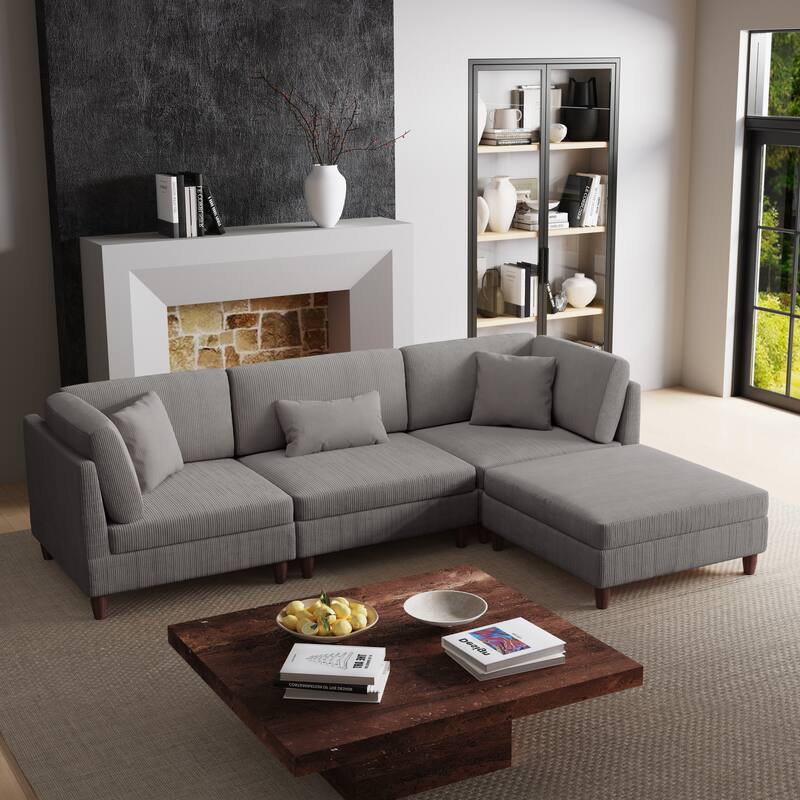 Corduroy Modular Sectional Sofa Set With Ottoman - 4 Pieces/Light Grey - Symmetrical