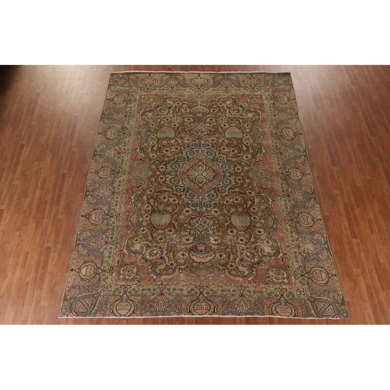 Hand Knotted Oriental 100% Wool Carpet Traditional Floral Brown Kashmar Area Rug - 12' 0'' X 9' 5''