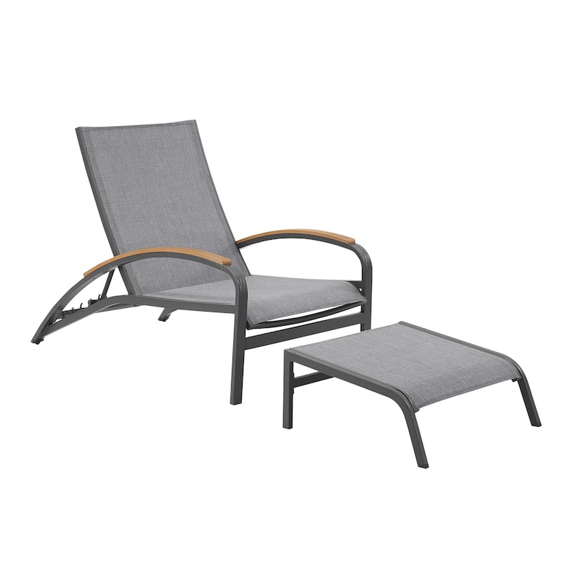 Outdoor Adjustable Lounge Aluminum Chair with Wheel and Ottoman (Gray)