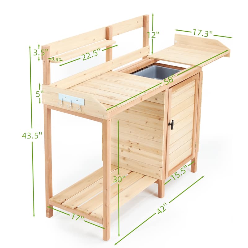Anmytek Wooden Potting Bench Table with Sink and Storage Shelves Outdoor Garden Workstation for Patio - 42*17*43.5