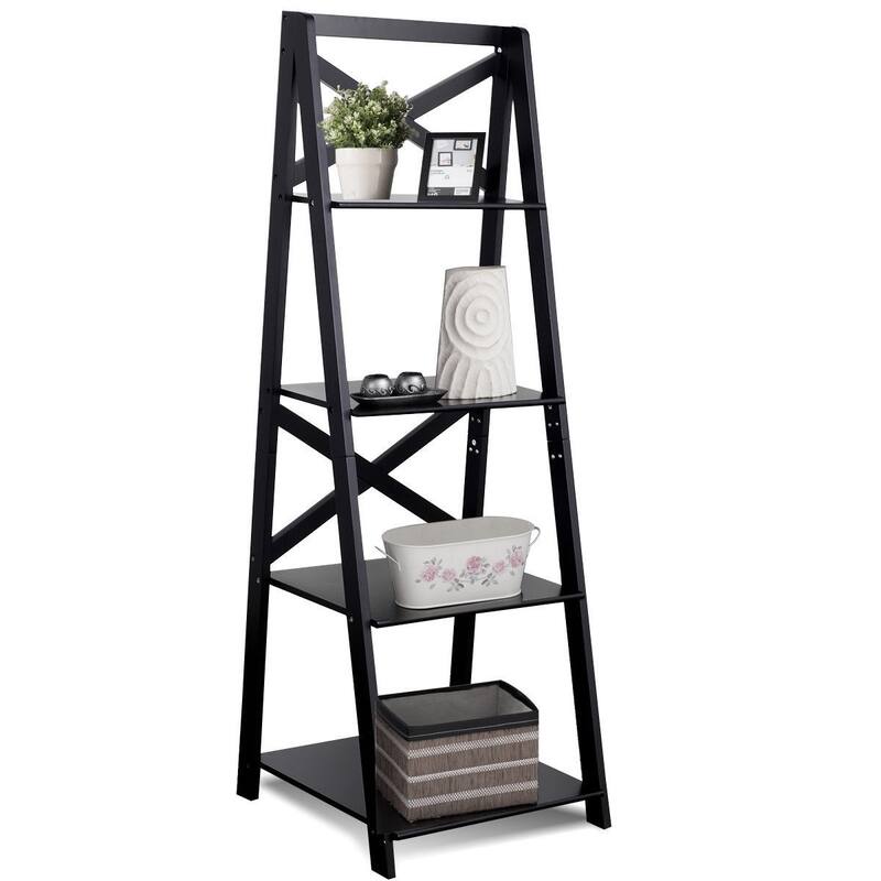 4-Tier Leaning Free Standing Ladder Shelf Bookcase - 20" x 18" x 56" (L x W x H) - Black
