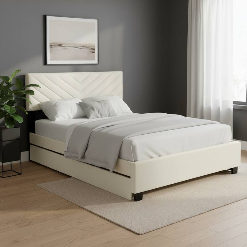 HomeRoots Beige Tufted Upholstered Queen Bed Frame With Trundle And Drawers - Queen