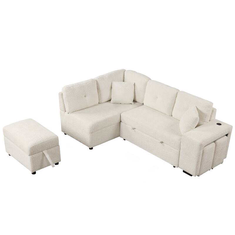 87.7" Chenille Sleeper Sectional Convertible Sofa Bed with Storage Ottoman, Wireless Charging and 2 Stools