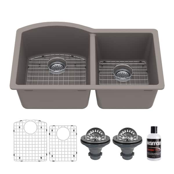 slide 2 of 20, Karran Undermount Quartz 32 in. 60/40 Double Bowl Kitchen Sink Kit Concrete