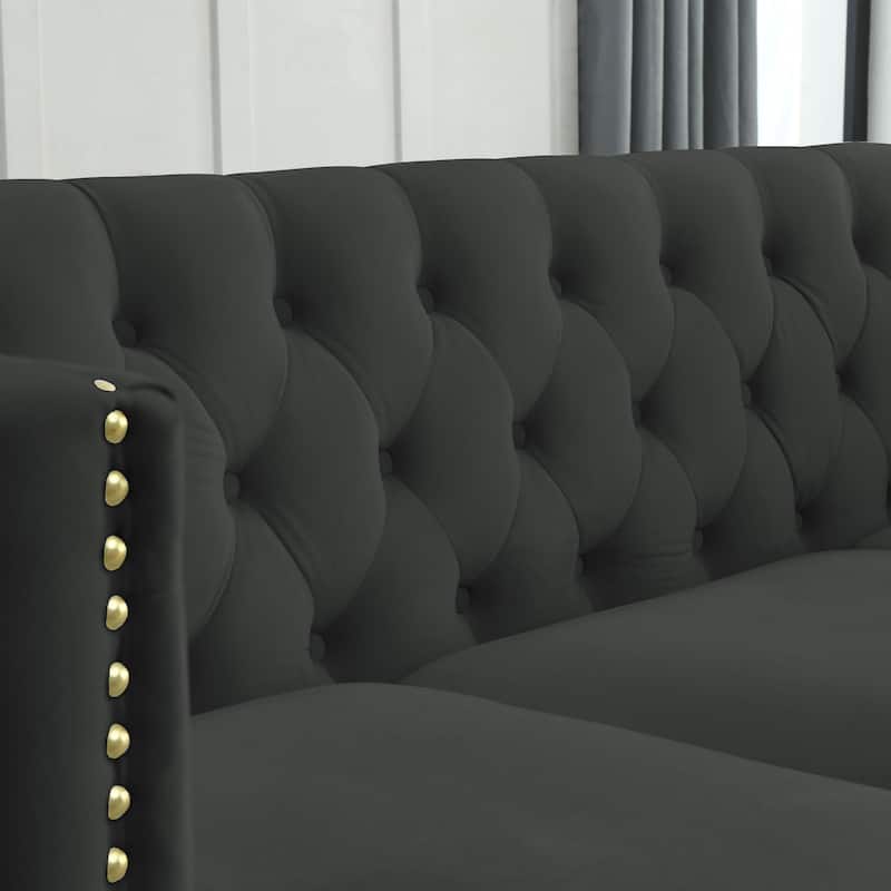 Elegant Velvet Chesterfield Sofa with Nailhead Trim and Metal Legs, Perfect for Living Rooms and Bedrooms