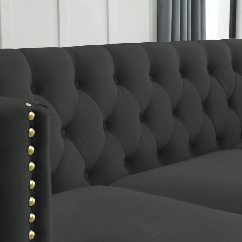 Modern 2-Seat Velvet Sofa with Nailhead Trim, Button Tufting, and Metal Legs