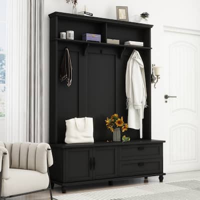 Roomfitters Widen Mudroom Hall Tree with Storage Bench, Modern Entryway Cabinet with 2 Large Compartments and 5 Coat Hooks