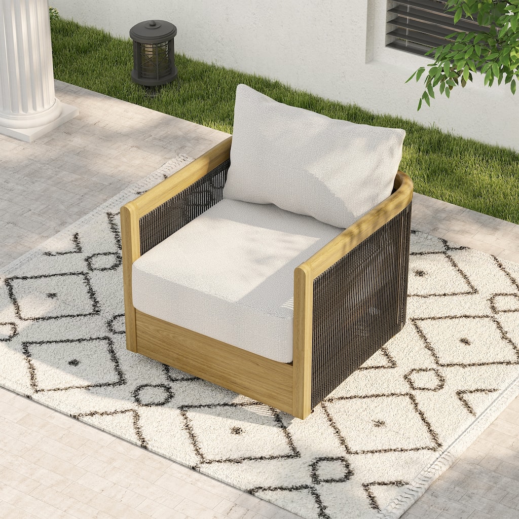 Overture 1-Piece Natural Wood Grain Aluminum Hand-Woven Rope Patio Sofa Chair with Beige Cushions