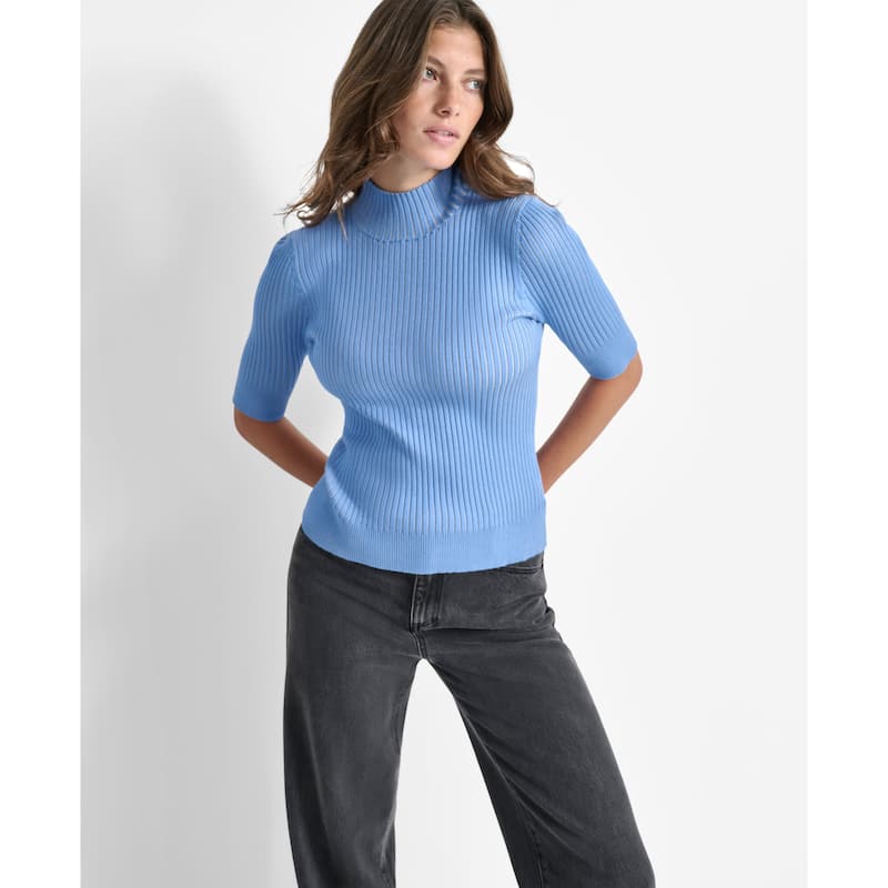 DKNY Mock Neck Ribbed Knit Top