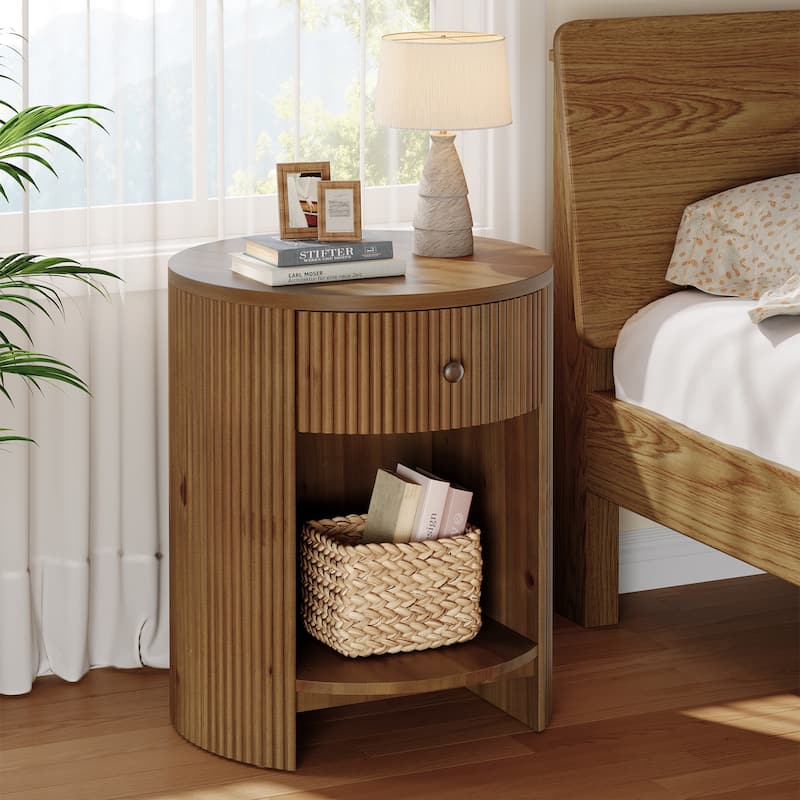 2-Tier Round End Table with Drawer, No Assembly Required, Wooden Beside Table, Circle Nightstand for Bedroom, Living Room