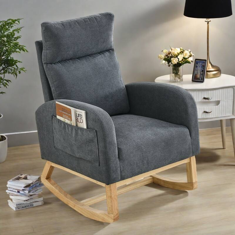 Teddy Fabric Rocking Chair High Back Lounge Chair with Side Pockets and Ergonomic Support - DARK GREY