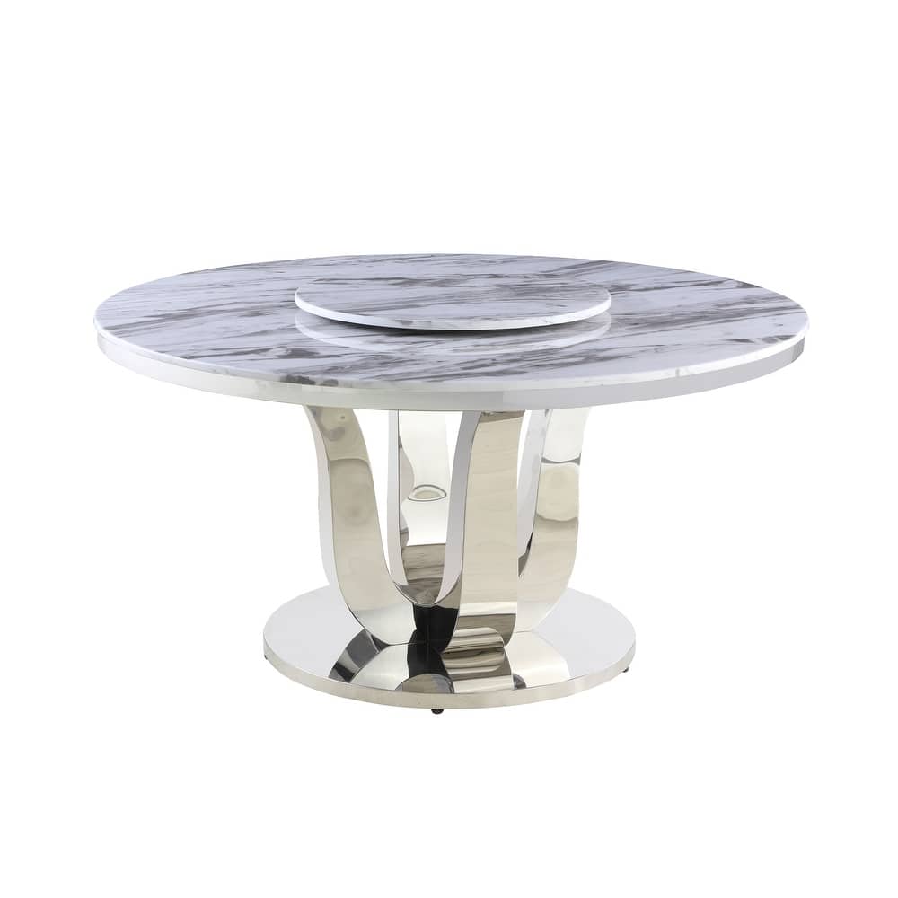 Best Quality Furniture Genuine White Marble Dining Table w/ Lazy Susan - Table + Lazy Susan