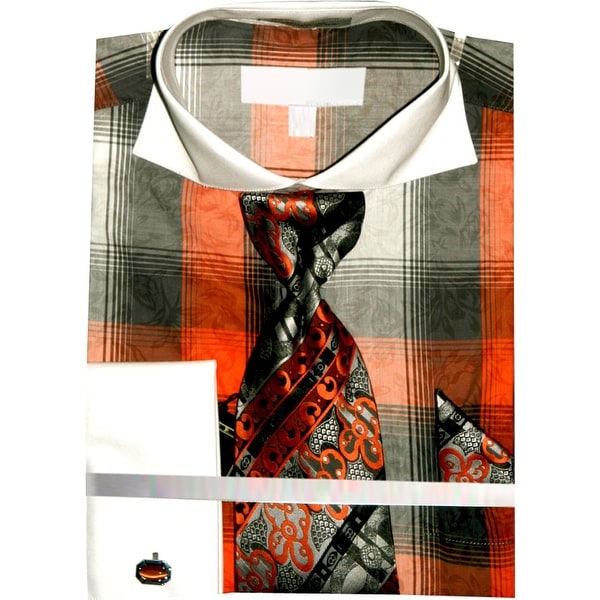 Mens Checker Pattern Two Tone French Cuff Shirts with Cuff Links