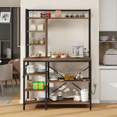 Kitchen Bakers Rack Utility Storage Shelf Microwave Oven Stand With Power Outlet