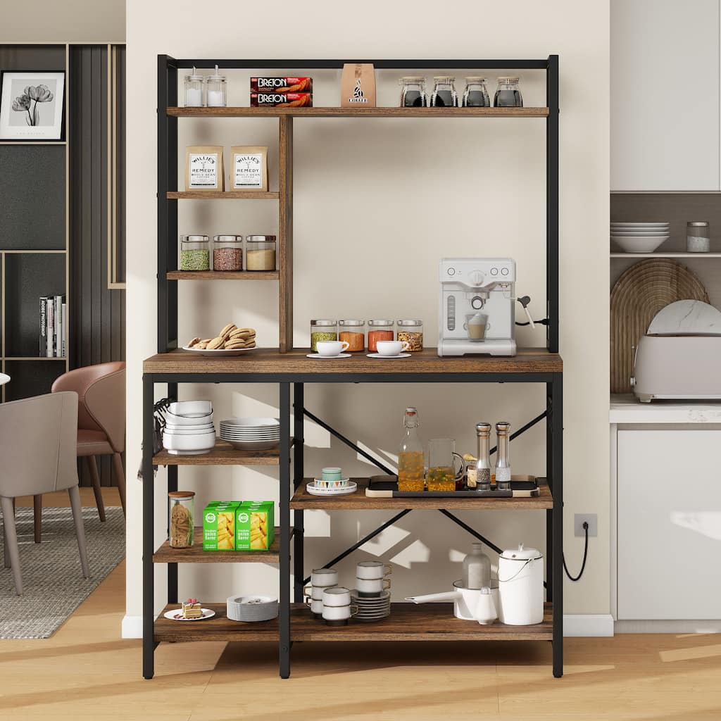 Kitchen Bakers Rack Utility Storage Shelf Microwave Oven Stand With Power Outlet