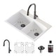 preview thumbnail 1 of 8, Karran Drop-In Quartz Composite 33 in. 1-Hole 50/50 Double Bowl Kitchen Sink in White with Kitchen Faucet in Gunmetal Grey