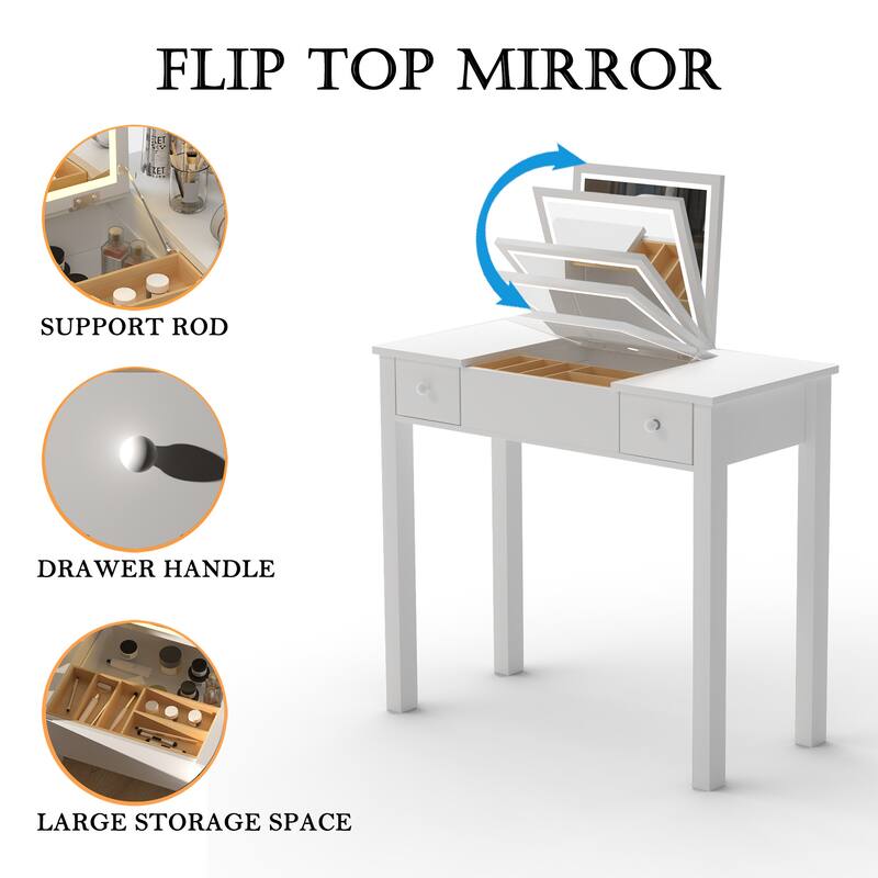 Small Flip Top Makeup Table with LED Lights, Mirror, 2 Drawers