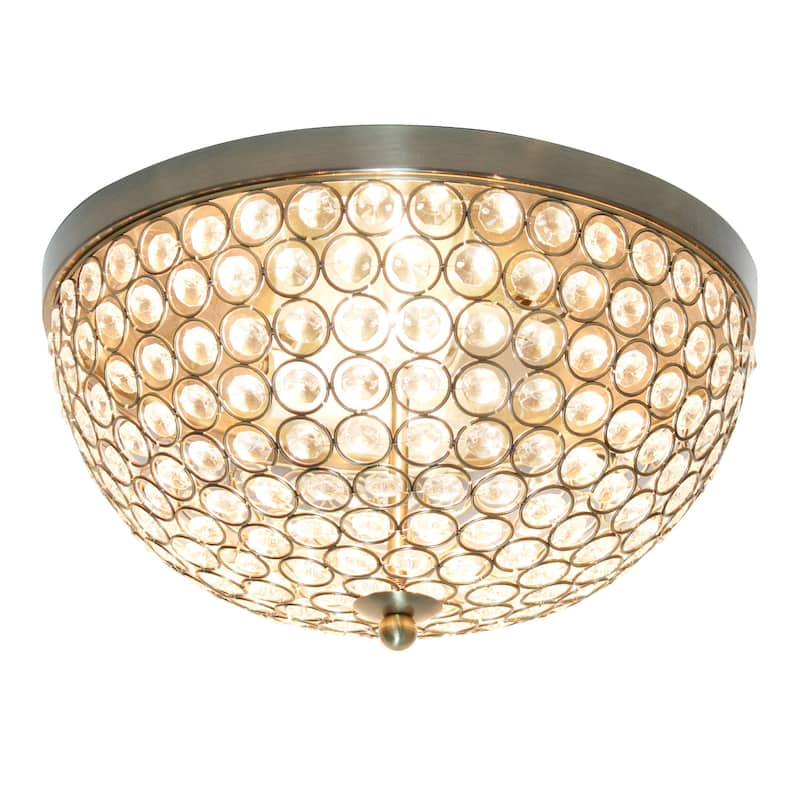 Dome Crystal 2 Light Flush Mount Ceiling Light Fixture - 13" - Antique Brass