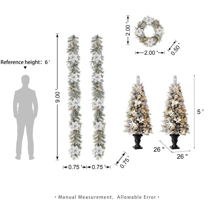 Glitzhome 5FT Pre-Lit Flocked Pine Artificial Christmas Porch Tree with 150 Warm White Lights and Poinsettia