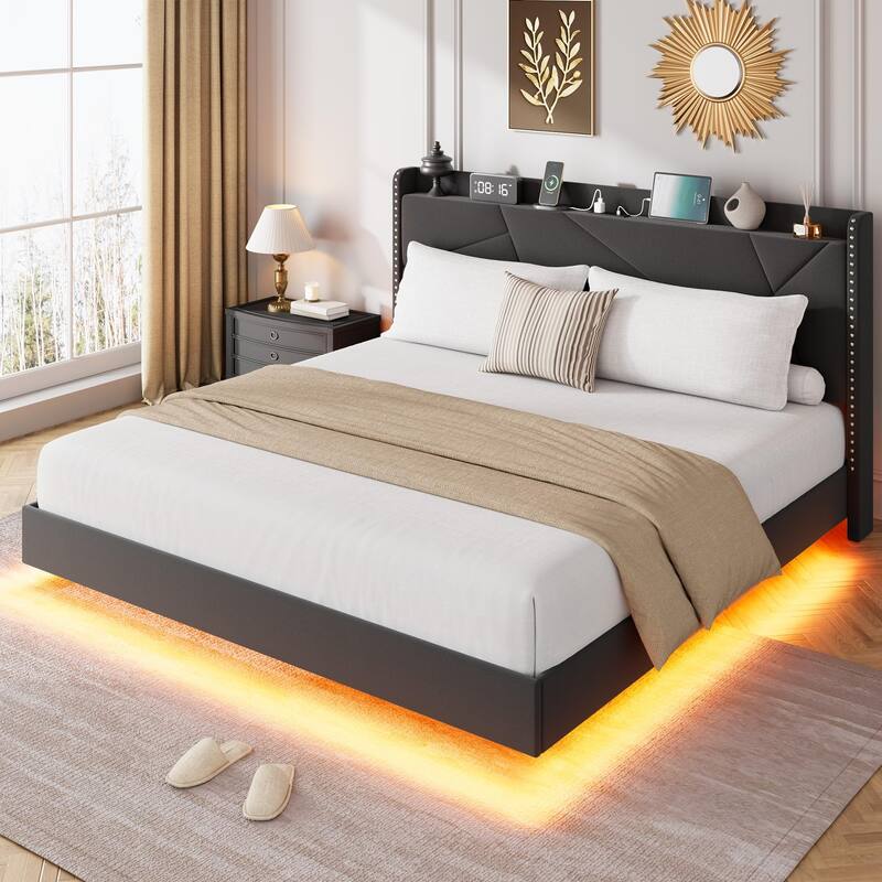 Full/Queen Floating Bed Frame with LED Lights & Charging Station, Upholstered Platform Beds with Storage Headboard - Black - Full