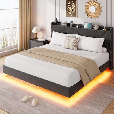 Full/Queen Floating Bed Frame with LED Lights & Charging Station, Upholstered Platform Beds with Storage Headboard