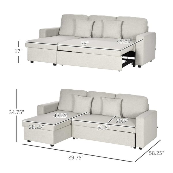 dimension image slide 0 of 2, HOMCOM Sectional Sleeper Sofa, Linen Fabric L Shaped Couch with Pull out Bed, Reversible Storage Chaise, 3-seat, Dark Grey