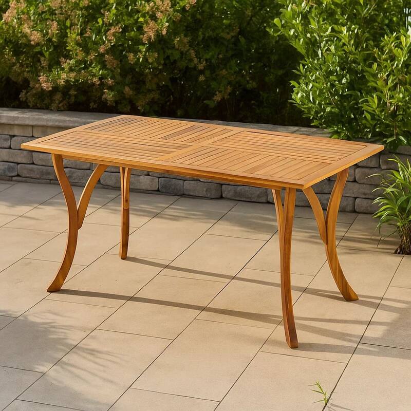 Olen Outdoor Dining Table, Slatted Rectangular 59 Inch, Brown Wood