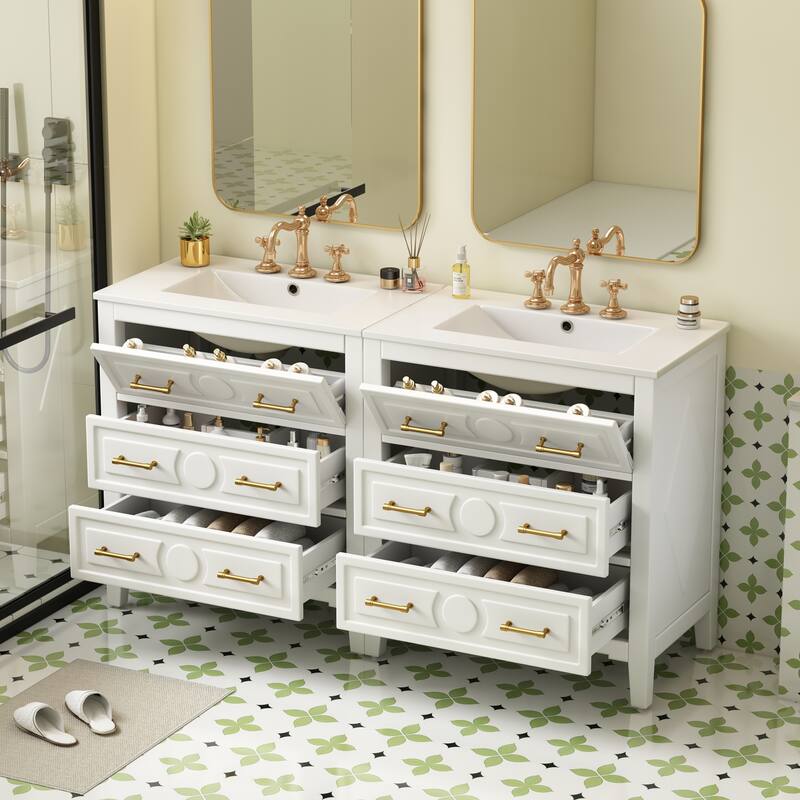 60'' Freestanding Bathroom Vanity Set with White Integrated Ceramic Sink - 60" x 18.3" x 34''