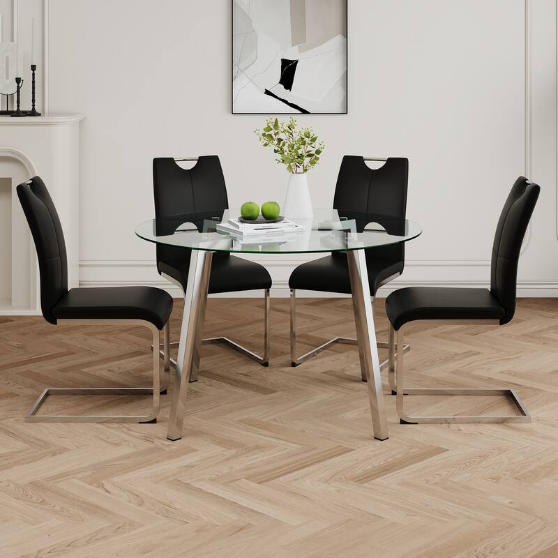 47.2" Round Glass Dining Table Set for 4, Modern 5-Piece Kitchen & Dining Table with 4 PU Chairs for Apartments, Kitchens - Black