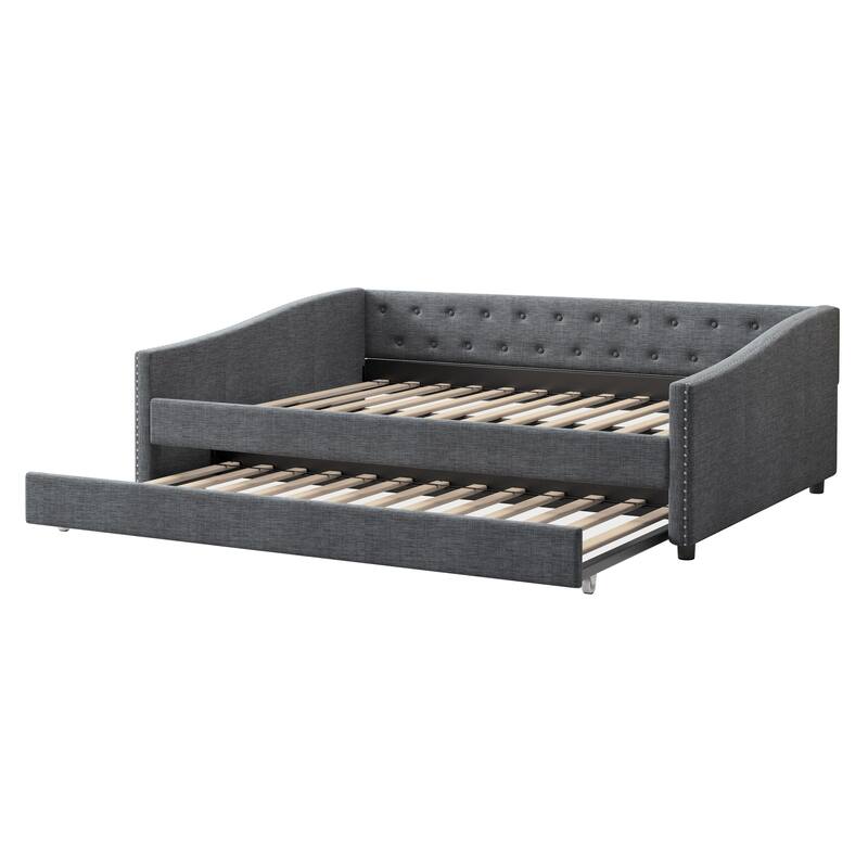 Linen Tufted Daybed with Trundle, Upholstered Platform Sofa Bed Frame, Wooden Slat Support