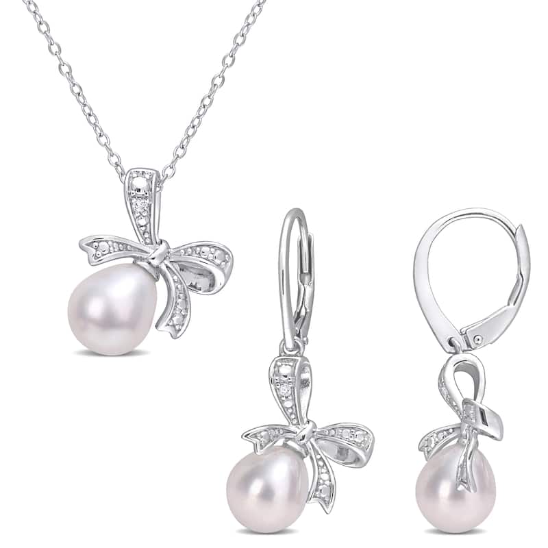 Miadora Cultured Freshwater Pearl Diamond Accent Bow Jewelry Set Sterling Silver