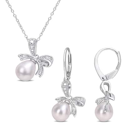 Miadora Cultured Freshwater Pearl Diamond Accent Bow Jewelry Set Sterling Silver