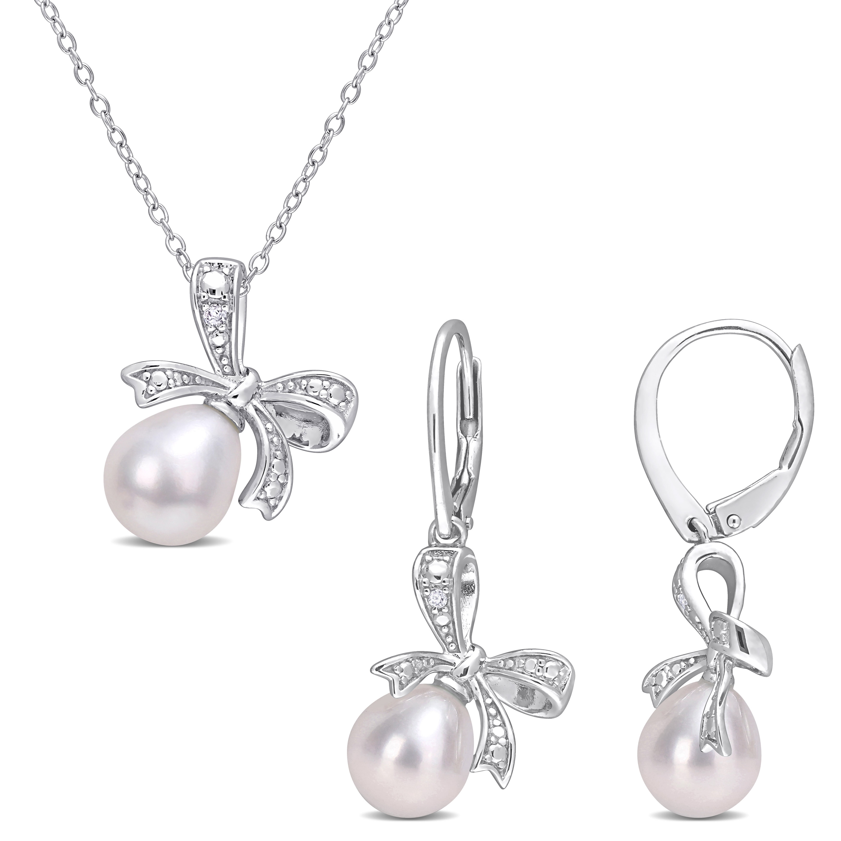 Miadora Cultured Freshwater Pearl Diamond Accent Bow Jewelry Set Sterling Silver