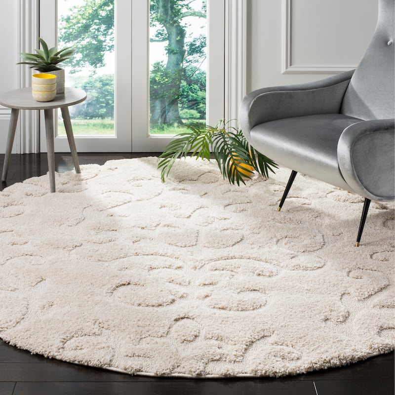 SAFAVIEH Florida Shag Valdemara Scroll Area 1.2-inch Thick Rug - 6'7" Round - Creme - Round