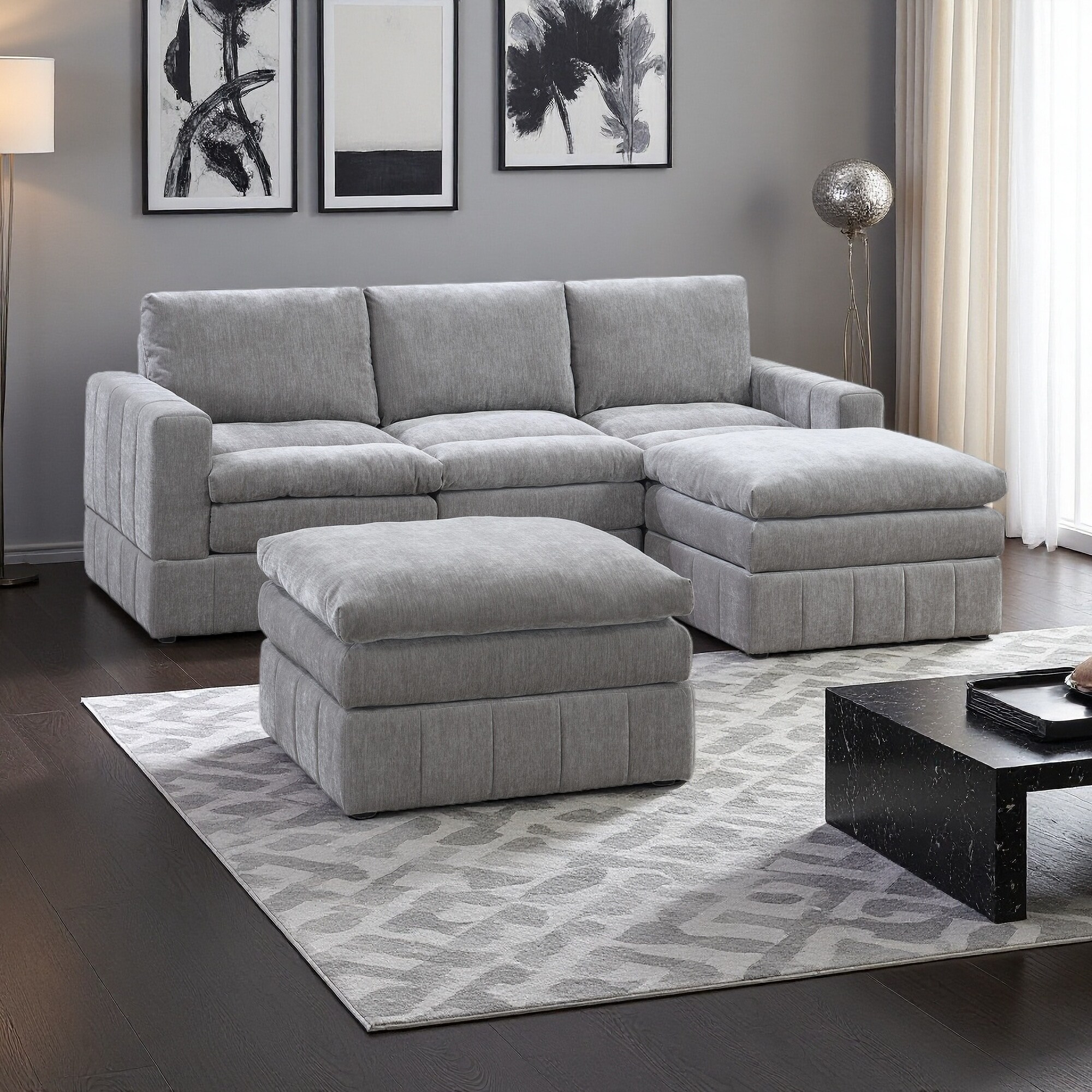 Fabric Modular 5-Piece Corner Sectional Sofa with 2 One-Arm Chairs & 2 Ottomans