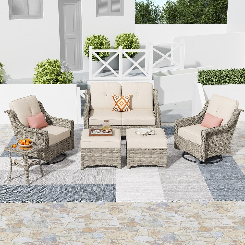 HOOOWOOO 6-piece Wicker Furniture Patio Loveseat Sofa Conversation Set with Swivel Chair