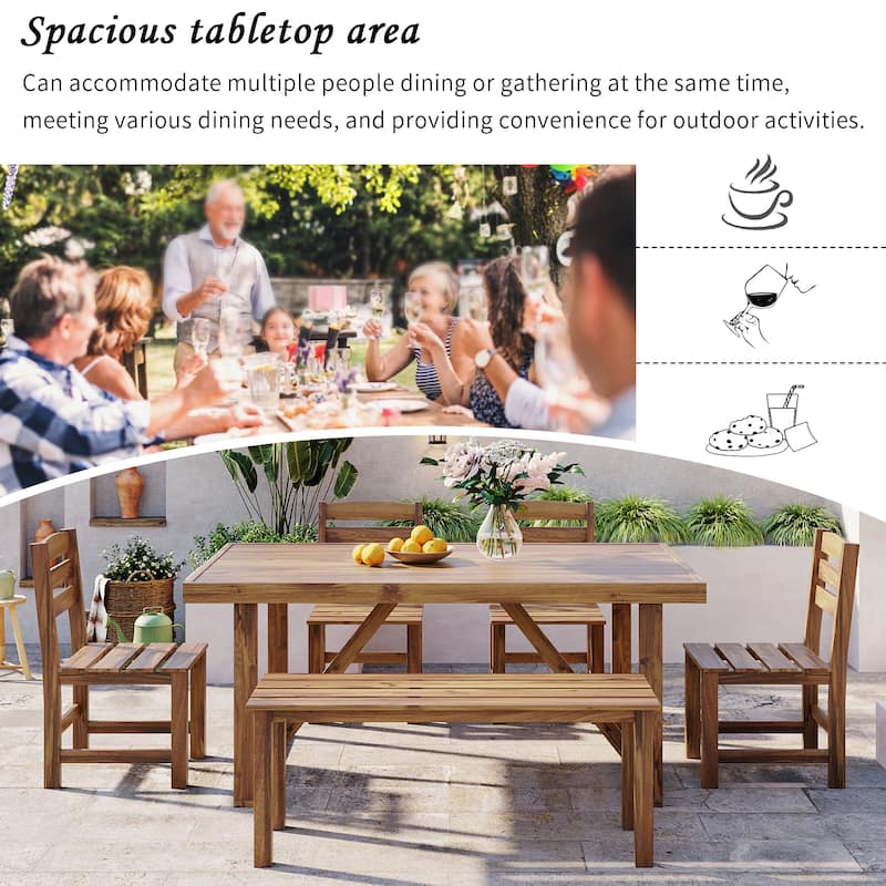 6 Piece Patio Furniture Set, Acacia Wood Outdoor Dining Table and Chairs Set with Rectangular Table, 4 Chairs and Bench