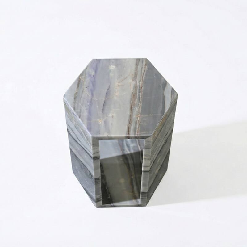 Roomfitters Luxury Natural Marble Hexagon Side Table, Solid Stone Geometric Pedestal End Table, Polished Finish