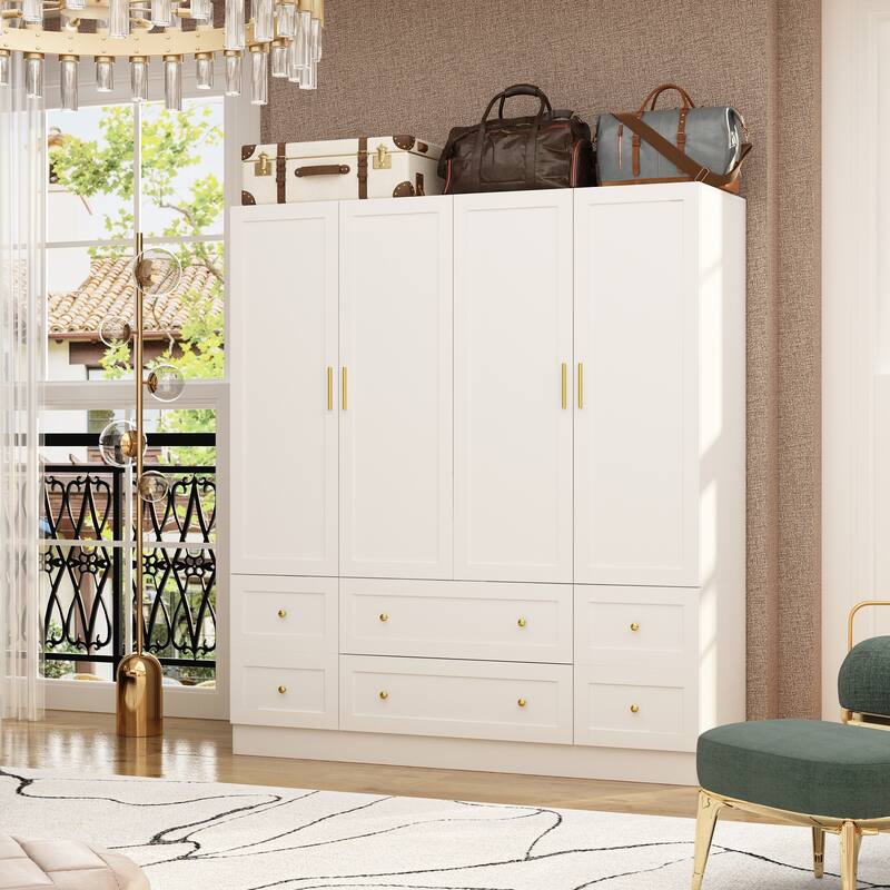 White Wardrobe Closet with Gold Handles - Modern Storage Cabinet with Drawers