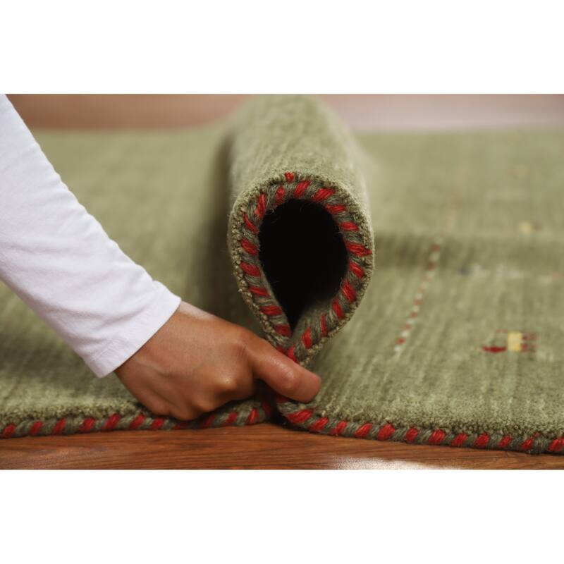 Modern Green Gabbeh Indian Rug Handmade Tribal Wool Carpet - 5'1" x 7'8"