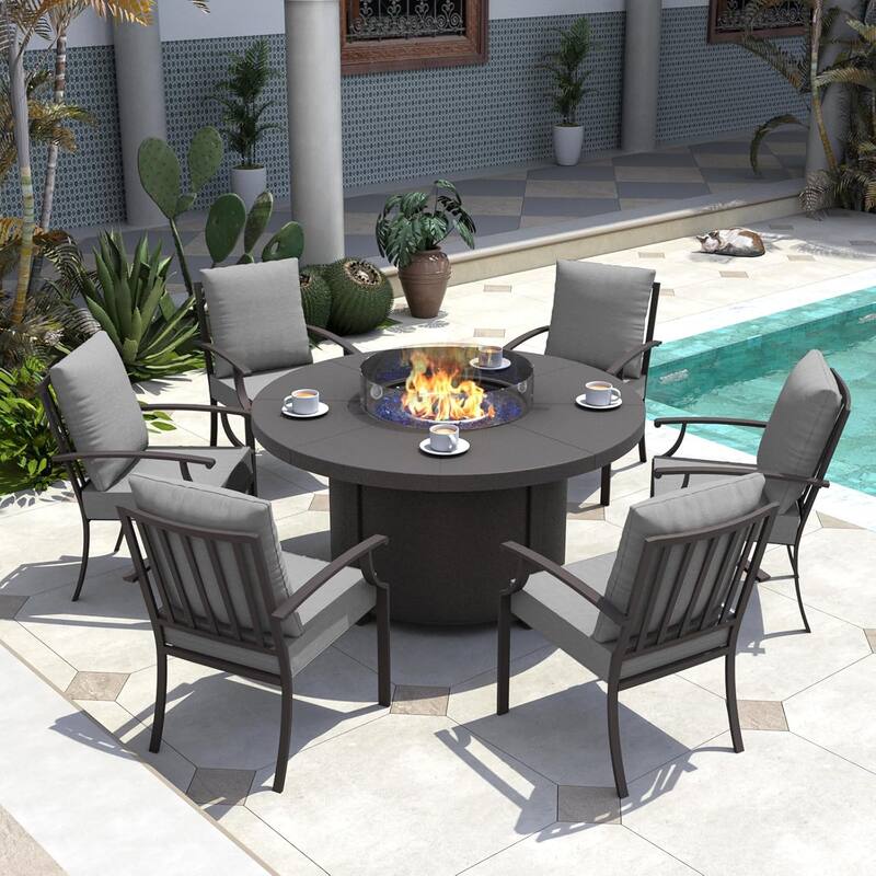 Metal 7 Piece Outdoor Dining Set with Round Fire Pit - 6Chairs + RoundFirepit - Grey