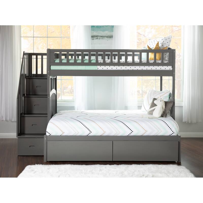 AFI Westbrook Twin over Full Size Staircase Bunk Bed with Bed Drawers & Charging Station in Grey