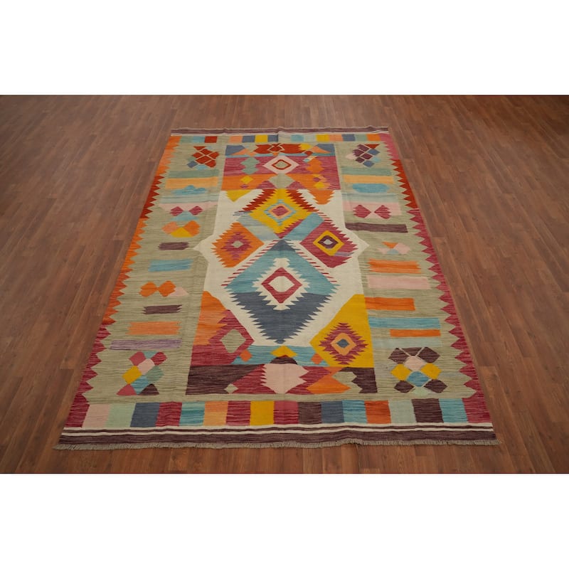 Hand Woven Oriental 100% Wool Carpet Southwestern Tribal Multi-Colored Kilim Area Rug - 9' 6'' X 6' 7''