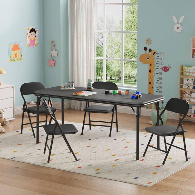 5 Piece Boys Girls Folding Table and Chairs Set, Activity Table and Chairs Set - Black