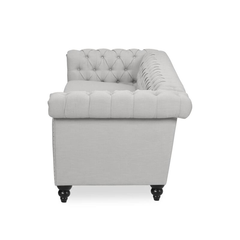 Sofa, 3 Seater, Button Tufted Gray Fabric, 83 Inch, Flared Rolled Arms