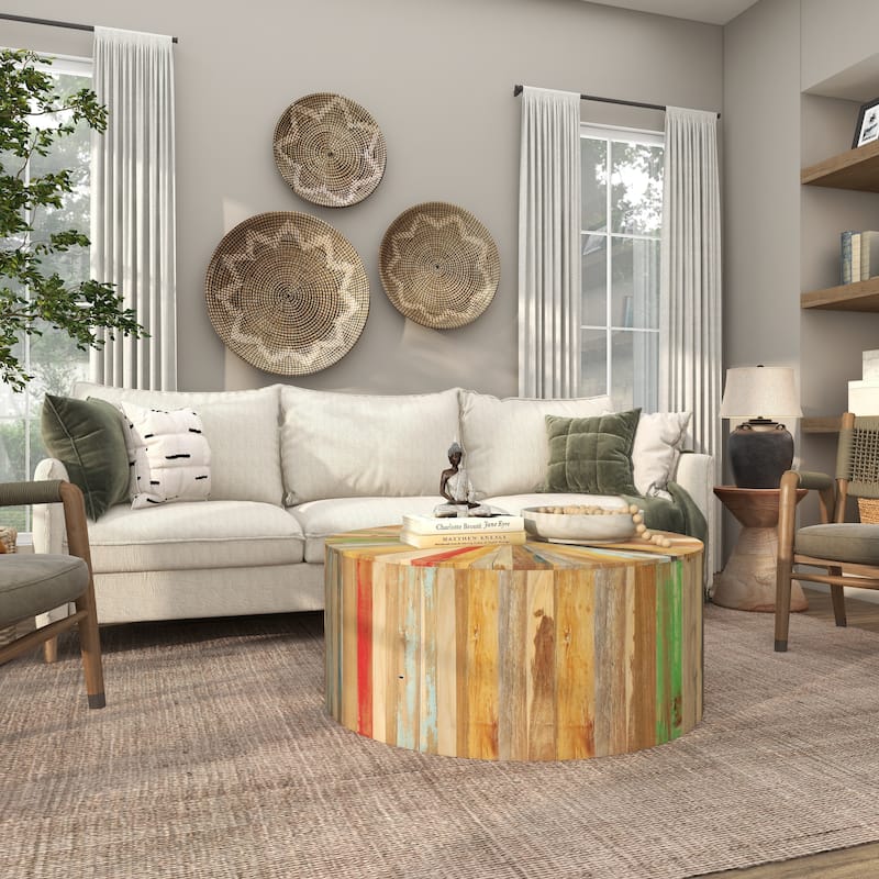 Brown Reclaimed Wood Handmade Pinwheel Drum Geometric Coffee Table with Colorful Painted Accents